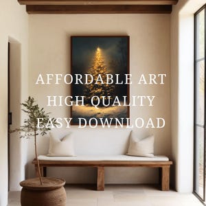 May include: A framed art print featuring a glowing Christmas tree in a snowy landscape. The artwork is displayed above a wooden bench with two cream-colored pillows. Text on the image reads: AFFORDABLE ART, HIGH QUALITY, EASY DOWNLOAD.