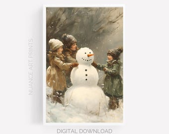 Children Building a Snowman | Printable Wall Art | Nostalgic Winter Scene | Digital Download