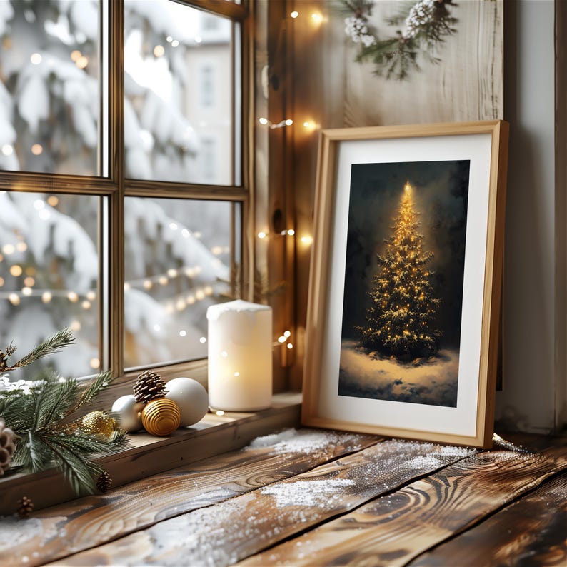 May include: A framed print of a golden Christmas tree on a snowy windowsill. The scene includes a lit candle, ornaments, and a view of a snowy landscape through the window. The wooden frame and window frame add a rustic touch.