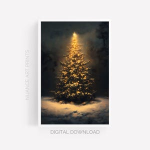 May include: A digital art print of a Christmas tree illuminated with golden lights. The tree is set against a dark, smoky background, with the text "NUANCE ART PRINTS" and "DIGITAL DOWNLOAD" visible.