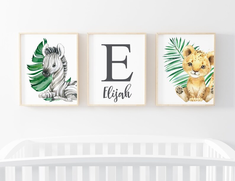 Personalized Baby Gift Safari Animal Name Print Set of 3 African Animal Prints for Nursery