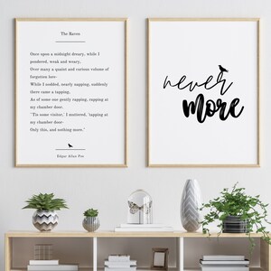 May include: Two framed prints with black text on a white background. The left print features a poem titled "The Raven" by Edgar Allan Poe. The right print features the text "never more" with a small black bird illustration above the text.