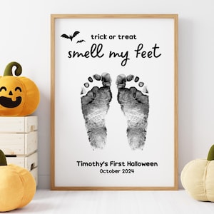 Editable Halloween Footprint Sign | Digital Download  | TWO Designs | Trick or Treat | DIY Halloween Keepsake | Baby&#39;s First Halloween