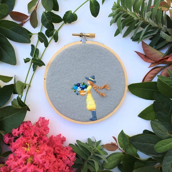 Girl with flowers, Hand Embroidery Hoop Art, Stitched Art, Home Decor, Embroidery hoop,Fibre Art, Wall Hanging,Needlework,Sewing,Multicolor