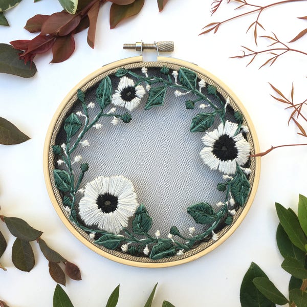 Flower Garland Black Tulle Embroidery Hoop,Wall Art,Home Wall Art,Decor,Wall Hanging,Hand Embroidery,Tulle Embroidery,Embroidery hoop Active