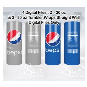 May include: Four digital files for creating tumbler wraps. Two designs are for 20 ounce tumblers and two are for 30 ounce tumblers. The designs feature a Pepsi logo with a white feather and the words "diet" and "bepsi".