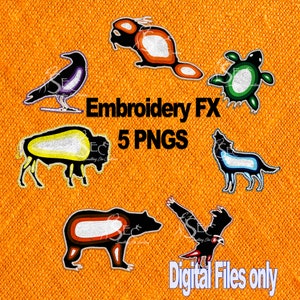 May include: Five colorful embroidery designs featuring a wolf, a bear, a bird, a turtle, and a buffalo. The designs are outlined in white and filled with various colors. The text "Embroidery FX 5 PNGs" is displayed below the designs. The text "Digital Files only" is displayed at the bottom of the image.