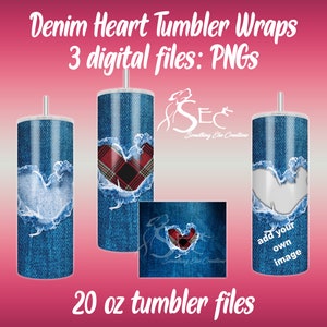 Denim Heart Tumbler Wraps - Sublimation 20 oz