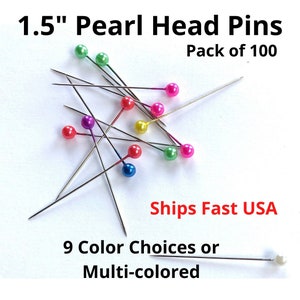 Pearl Head Pins 1.5" Straight Pin for Sewing Crafts. Quality Nickel Plated Pink Purple Black White Red Teal Orange Blue Push Pins. Ships USA