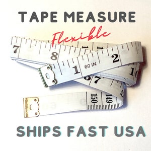 May include: White tape measure with black markings and a gold metal end cap. The tape measure is coiled and reads "60 IN" and "150". The text "TAPE MEASURE Flexible" is written above the tape measure and "SHIPS FAST USA" is written below.