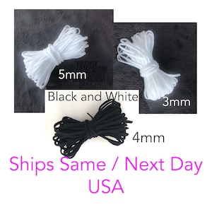May include: Bundles of white and black elastic cords in 3 different sizes: 3mm, 4mm, and 5mm. The text "Black and White" is displayed. The image is of elastic cords.
