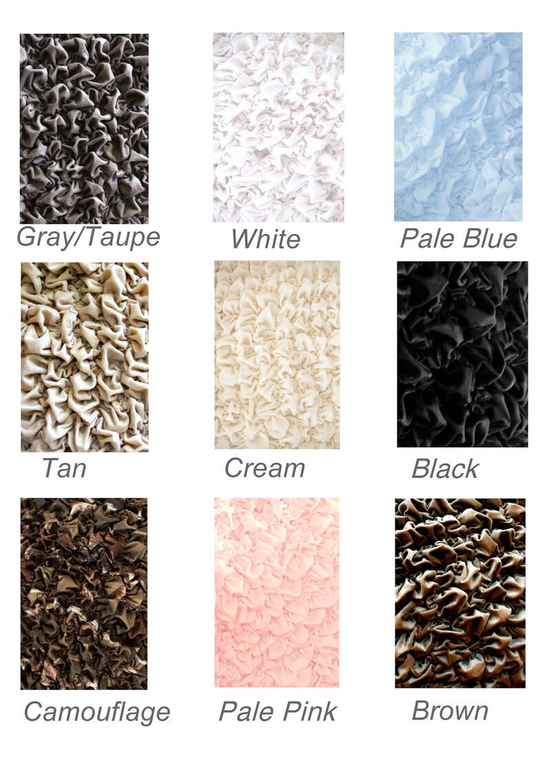 May include: Nine fabric swatches in different colors and patterns. The swatches are arranged in a 3x3 grid. The colors are gray/taupe, white, pale blue, tan, cream, black, camouflage, pale pink, and brown.
