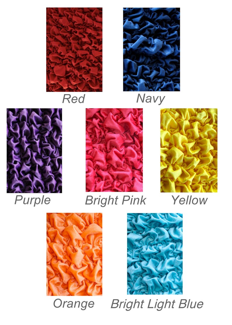 May include: A collection of fabric swatches in various colors, including red, navy, purple, bright pink, yellow, orange, and bright light blue. The fabric has a crinkled texture.