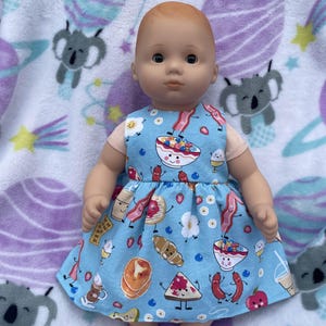 Handmade Blue Breakfast Food Dress for 15-Inch Dolls Fits Both Bitty Baby & Bitty Twins