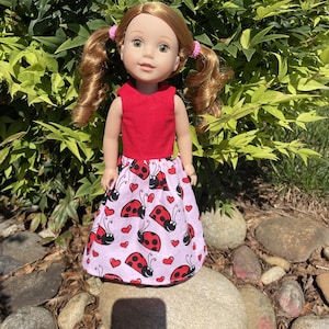 Handmade Pink Ladybug and Red Heart Valentine&#39;s Day Maxi-Dress for 14-Inch Dolls