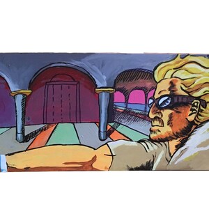 May include: A longboard skateboard with a colorful illustration of a man with sunglasses holding a gun. The background features an interior with arches and a door. The board has a black nose and tail.