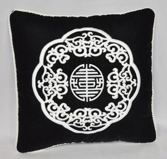 Black Pillow Embroidered Pillow Oriental Box Pillow White Pillows