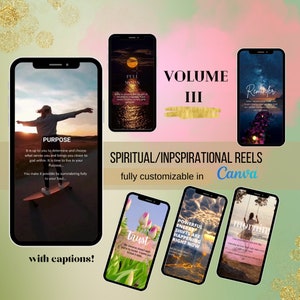 Puede incluir: Una colección de ocho maquetas de pantalla de teléfono con citas e imágenes inspiradoras. Las maquetas están dispuestas en una cuadrícula y presentan una variedad de colores y diseños. El texto en las maquetas incluye frases como "Purpose", "Trust", "Powerful Energy Shifts Are Happening Right Now" y "Morning Affirmations".