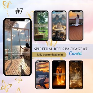 Peut inclure: Maquette de produit numérique avec des écrans de smartphone affichant des images sereines et du texte inspirant. Le pack est intitulé "Spiritual Reels Package #7" et est entièrement personnalisable dans Canva.