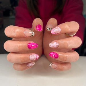 Pink Themed Nail Art, Cute Acrylic Nails with Leopard Print and Bows, Spring Nail Design, Kawaii Nail Set, Handmade Nail Art