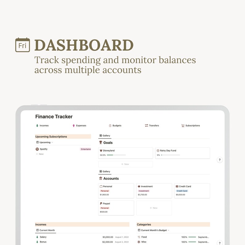 Notion Finance Tracker Template, Budget Tracker, Financial Planner, Income and Expense Tracker, Paycheck Budget and Money Management Tool
