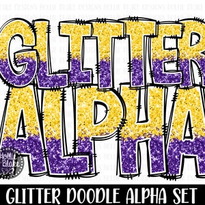 Purple & Gold Glitter Doodle Alphabet PNG Letters, Doodle Letters PNG, Purple Gold Alphabet Bundle, Sublimation Alphabet, COLOR8