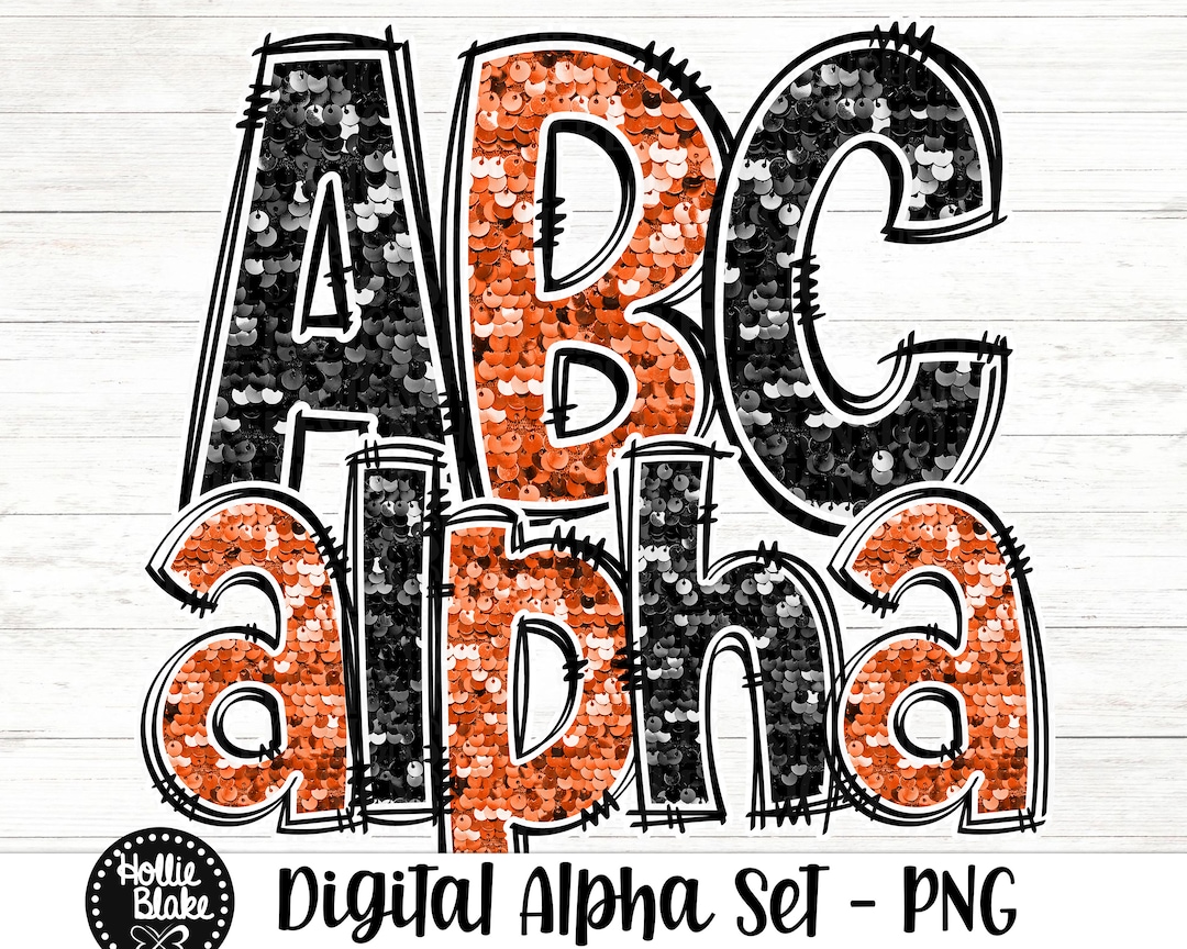 Orange & Black Faux Sequin Doodle Alphabet PNG Letters, Doodle Letters ...