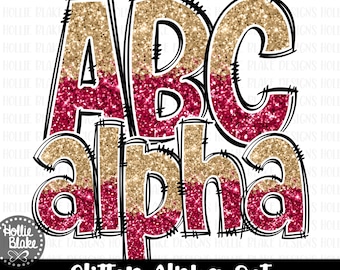 Letras del alfabeto con purpurina en rojo granate y dorado PNG, garabatos dibujados a mano, diseños de sublimación PNG, COLOR16