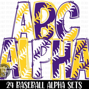 Purple & Yellow Gold Baseball Stitches Doodle Alphabet PNG Letters, Doodle Letters PNG, Purple Gold Alphabet Bundle, Sublimation, COLOR8