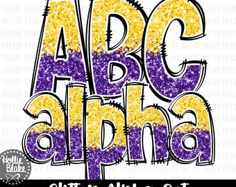 Purple & Gold Glitter Alphabet Letters PNG Bundle, Hand Drawn Alphabet Doodle, Sublimation Alpha Set Designs PNG, COLOR8