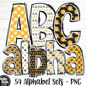 Black & Gold Football Doodle Alphabet PNG Letters, Doodle Letters PNG, Black Gold Alphabet Bundle, Sublimation Alphabet, COLOR110