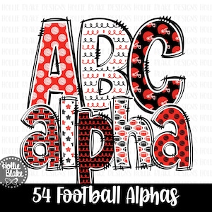 Red & Black Football Alphabet Letters PNG Bundle, Hand Drawn Alphabet Doodle, Sublimation Alpha Set Designs PNG, COLOR6