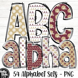 Letras PNG del alfabeto de doodle de fútbol rojo granate y oro, letras de doodle PNG, paquete de alfabeto de oro rojo, alfabeto de sublimación, COLOR19