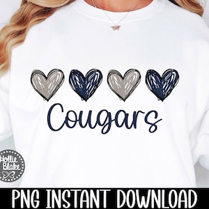 Cougars Football, Navy Blue & Gray, Cougars Hearts, Cougars Love, School Spirit, Sports Team Mascot Sublimation