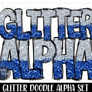 Letras PNG del alfabeto con garabatos con purpurina en gris plateado y azul real, letras PNG con garabatos, paquete de alfabeto azul grisáceo, alfabeto de sublimación