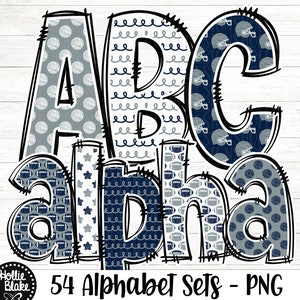 Blue & Gray Football Doodle Alphabet PNG Letters, Doodle Letters PNG, Blue Gray Alphabet Bundle, Sublimation Alphabet, COLOR65