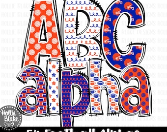 Pacchetto di lettere dell'alfabeto da football blu e arancione in formato PNG, scarabocchio dell'alfabeto disegnato a mano, design di set alfabetici per sublimazione in formato PNG, COLOR5