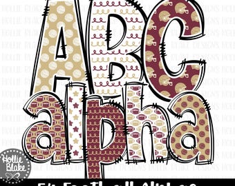 Letras del alfabeto de fútbol en rojo granate y dorado PNG, garabatos dibujados a mano, diseños de sublimación PNG, COLOR19