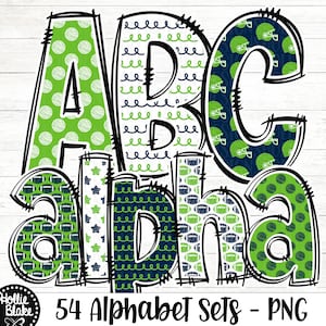 Navy Blue & Green Football Doodle Alphabet PNG Letters, Doodle Letters PNG, Blue Green Alphabet Bundle, Sublimation Alphabet, COLOR85