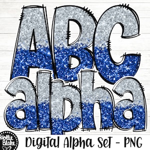 Silver Gray & Royal Blue Glitter Doodle Alphabet PNG Letters, Doodle Letters PNG, Grey Blue Alphabet Bundle, Sublimation Alphabet