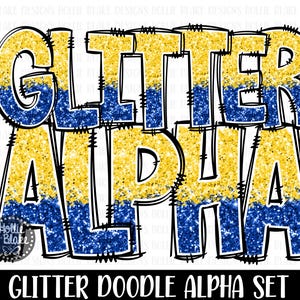 Yellow Gold & Royal Blue Glitter Doodle Alphabet PNG Letters, Doodle Letters PNG, Yellow Blue Alphabet Bundle, Sublimation Alphabet