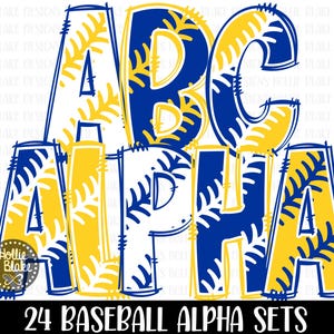 Pontos de beisebol azul royal e amarelo dourado Doodle Alphabet PNG Letras, Doodle Letters PNG, Pacote de alfabeto azul dourado, Alfabeto de sublimação
