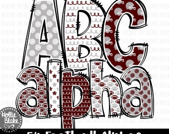 Maroon Red & Gray Football Alphabet Letters PNG Bundle, Hand Drawn Alphabet Doodle, Sublimation Alpha Set Designs PNG, COLOR14