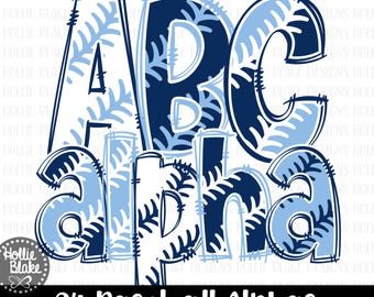 Navy Blue & Blue Baseball Stitches Alphabet Letters PNG Bundle, Hand Drawn Alphabet Doodle, Sublimation Alpha Set Designs PNG, COLOR115