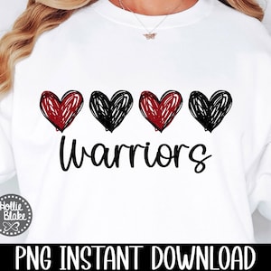 Warriors Football, Black & Red, Warriors Hearts, Warriors Love, School Spirit, Sports Team Mascot Sublimation