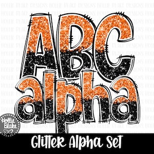 Orange & Black Glitter Alphabet Letters PNG Bundle, Hand Drawn Alphabet Doodle, Sublimation Alpha Set Designs PNG