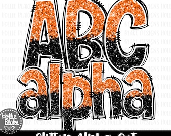 Orange & Black Glitter Alphabet Letters PNG Bundle, Hand Drawn Alphabet Doodle, Sublimation Alpha Set Designs PNG