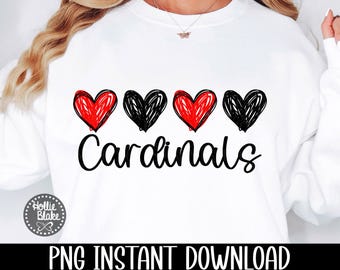 Fútbol de los Cardenales, rojo y negro, corazones de los Cardenales, amor de los Cardenales, espíritu escolar, mascota deportiva de sublimación