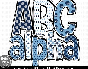Navy Blue & Blue Football Alphabet Letters PNG Bundle, Hand Drawn Alphabet Doodle, Sublimation Alpha Set Designs PNG, COLOR24