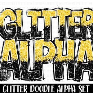 Yellow Gold & Black Glitter Doodle Alphabet PNG Letters, Doodle Letters PNG, Yellow Black Alphabet Bundle, Sublimation Alphabet